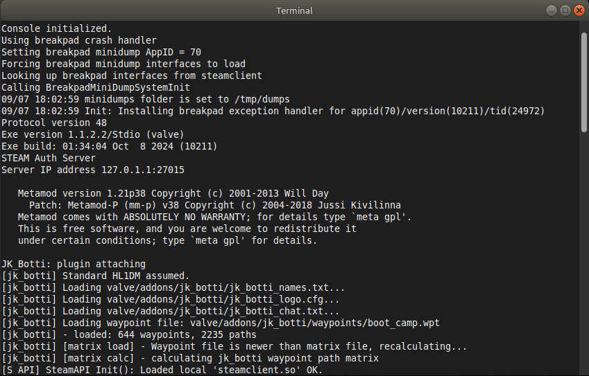 HLDS running on Linux Terminal